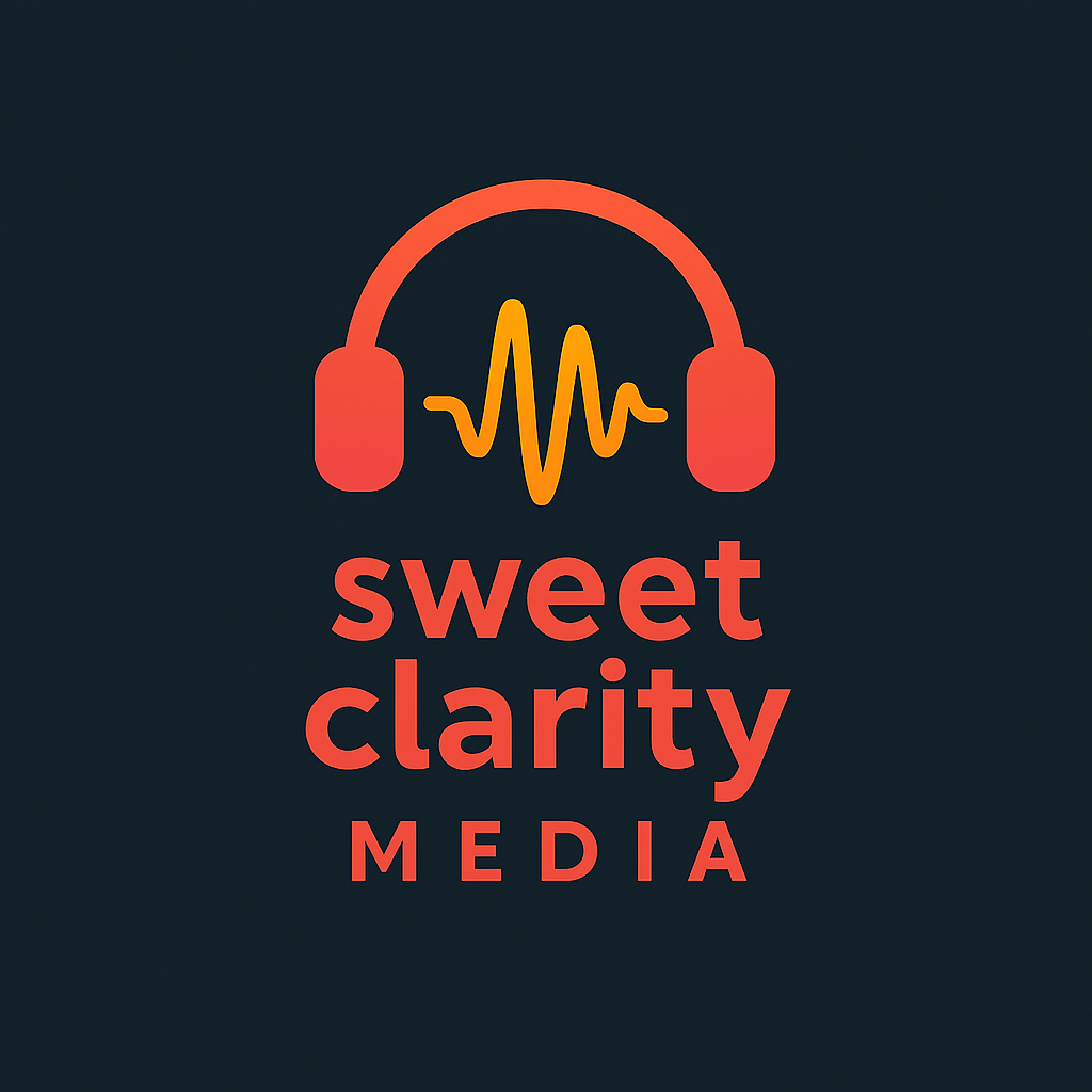 A yellow sound wave underneath an orange  audio headset, atop the business name Sweet Clarity Media. All atop a black background.